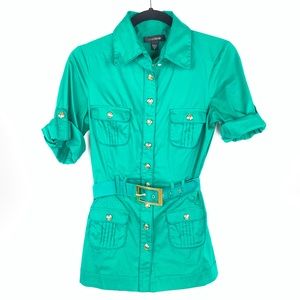 BEBE green & gold belted button down tunic top